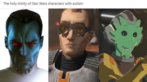 The meme is a humorous comparison of the character of Jar Jar Binks from the Star Wars franchise to the character of C-3PO from the same franchise. The text "The holy trinity of Star Wars characters with autism" appears above the three images, implying that these characters are somehow representative of autism, although this is likely a joke or a stereotype.